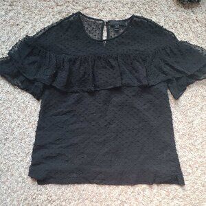 J. Crew Black Top Blouse in Textured Swiss Clip Dot Ruffle Silk Blend Size 6